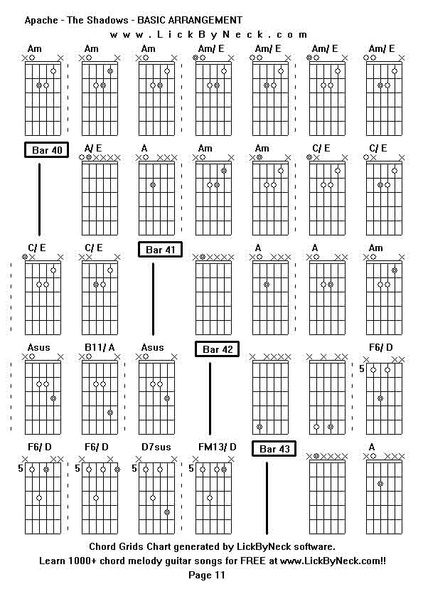 Chord Grids Chart of chord melody fingerstyle guitar song-Apache - The Shadows - BASIC ARRANGEMENT,generated by LickByNeck software.